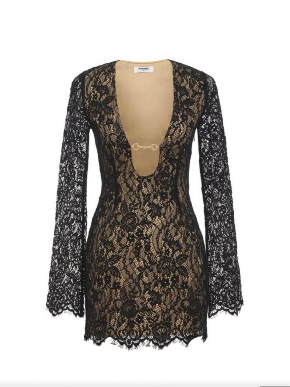 Rumored Fools Rush in Black Lace Show Stopper Deep V Mini Dress with Gold Accent